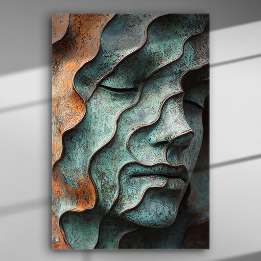 Relief sculpture face with blue and copper tones, evoking tranquility and depth.