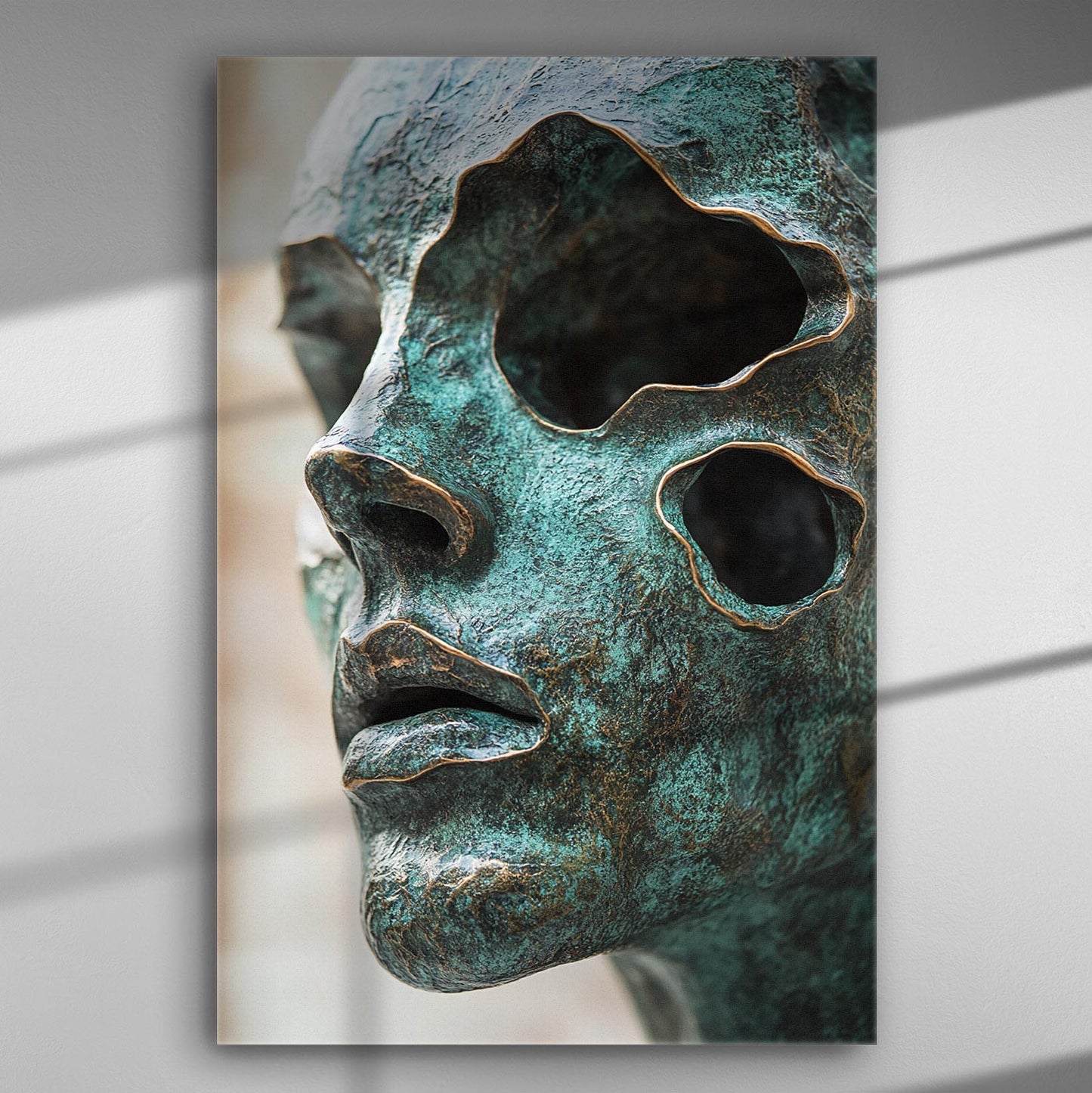 Abstract sculpture with hollow face on canvas