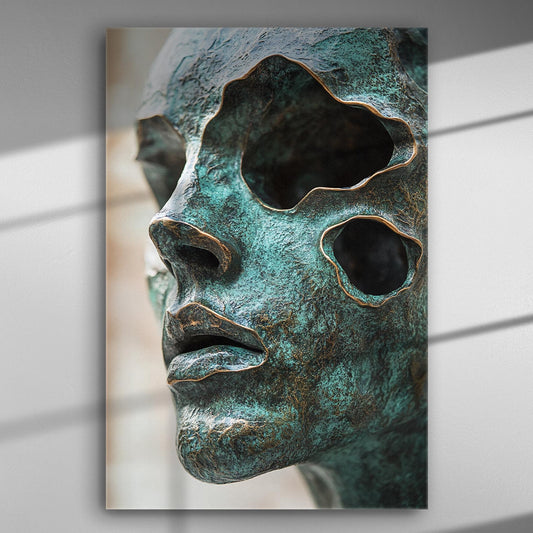 Abstract sculpture with hollow face on canvas