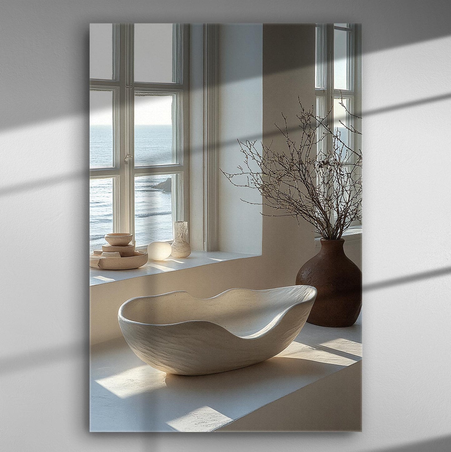 A calm window scene with sunlight casting shadows on a windowsill with a serene coastal view.