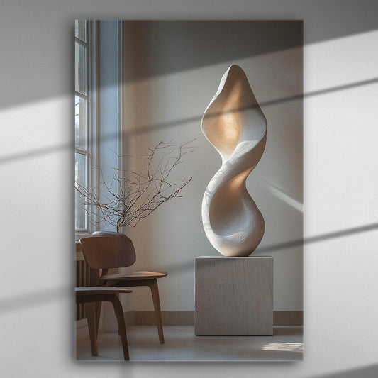 Sculpture in sunlight with shadows on large canvas art in a modern interior