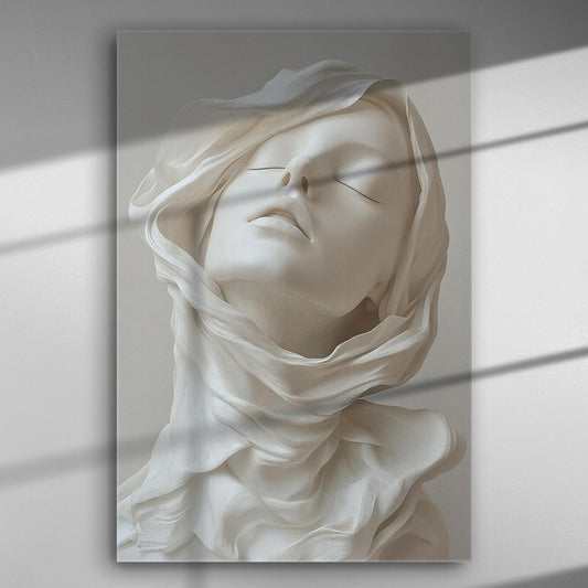 Ethereal face sculpture canvas print with intricate veils.