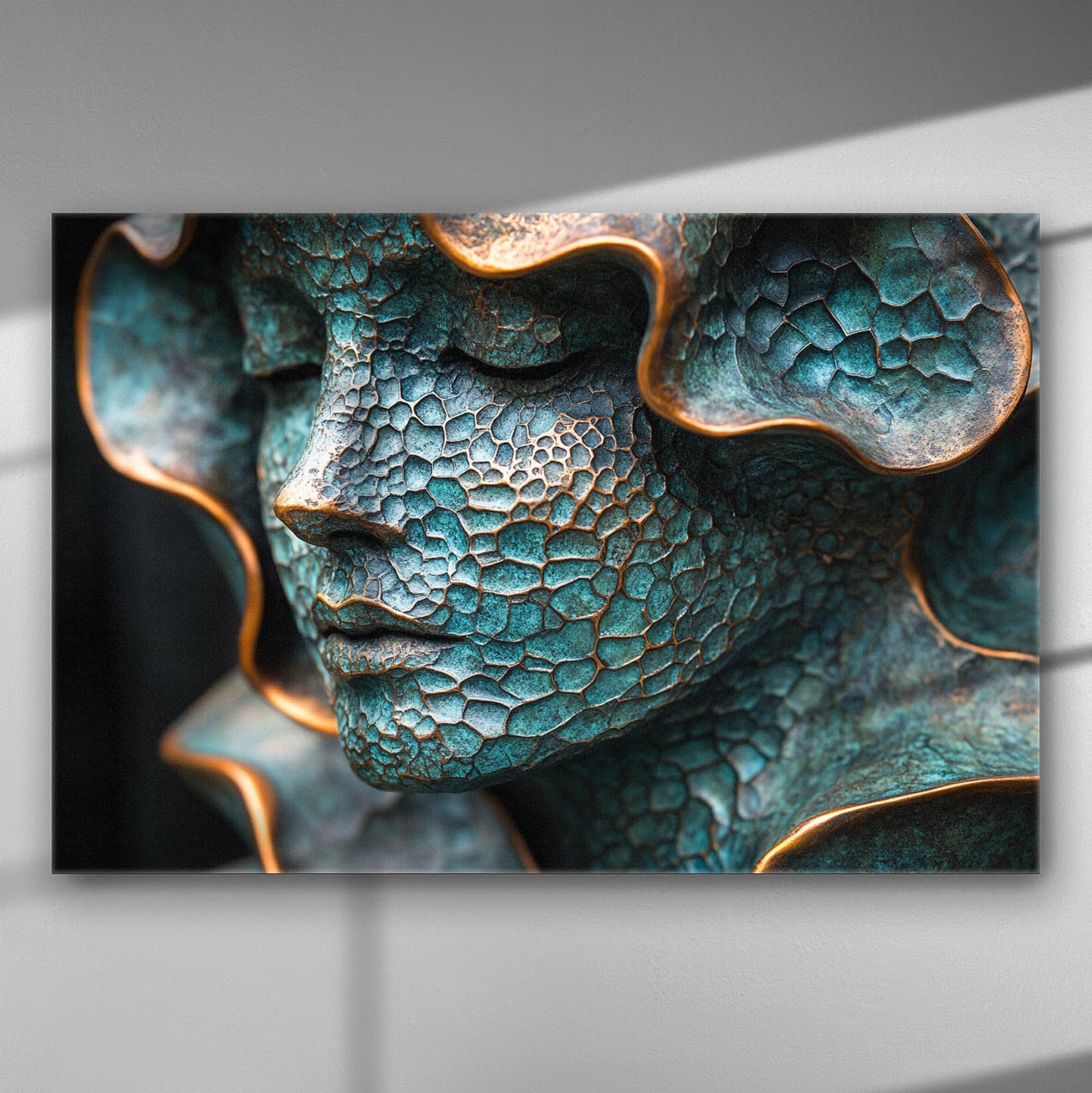 Close-up of a sculptured face with intricate blue and copper textures on canvas.