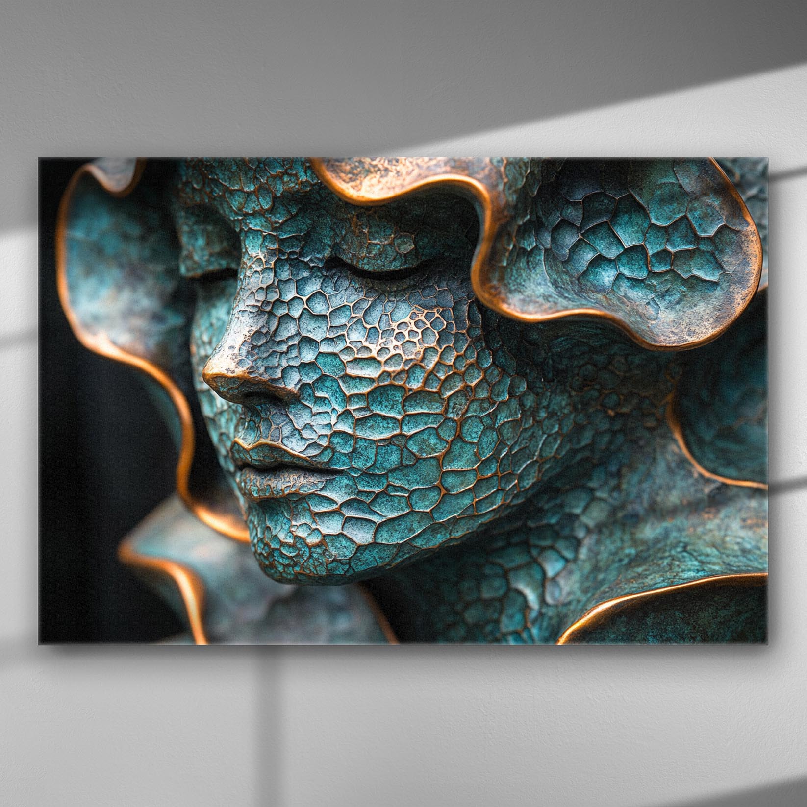 Close-up of a sculptured face with intricate blue and copper textures on canvas.
