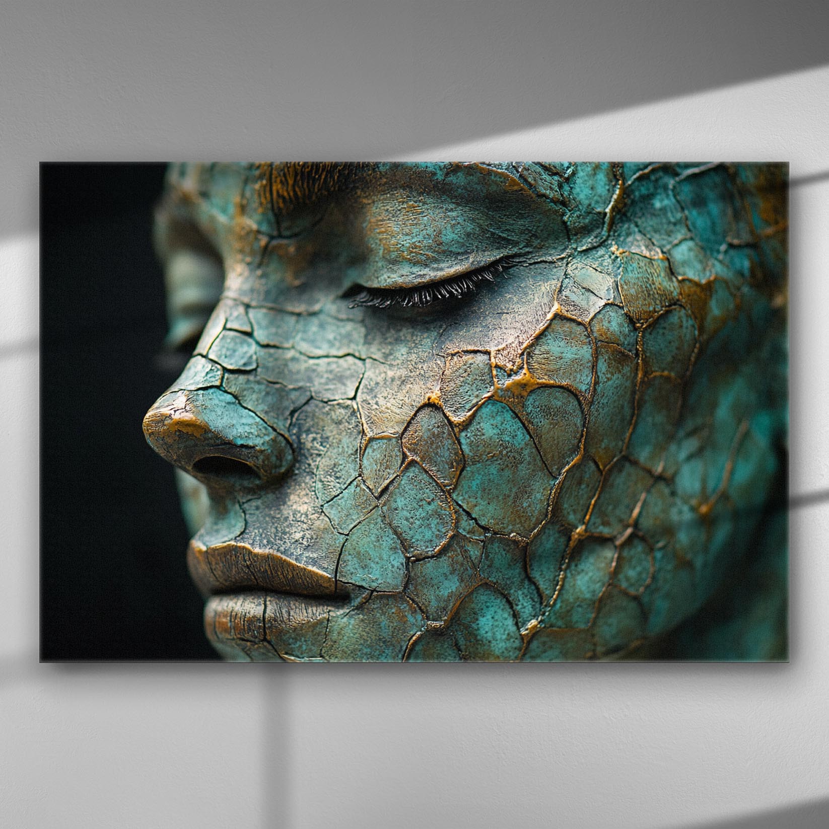 Close-up of a face with cracked, textured surface in green and gold hues.