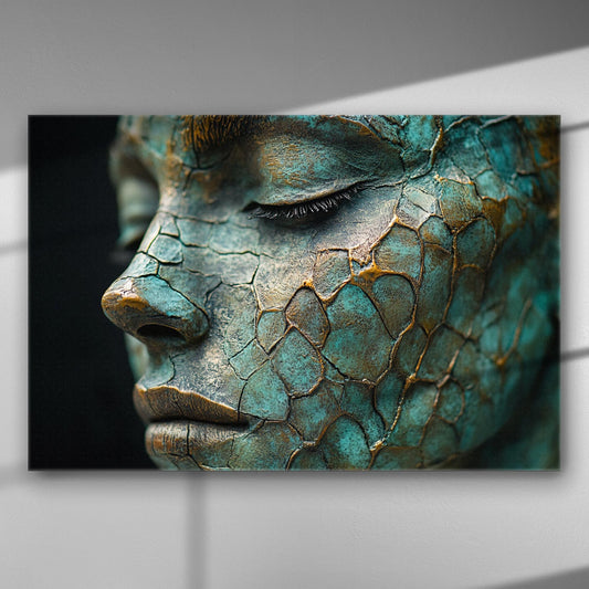 Close-up of a face with cracked, textured surface in green and gold hues.