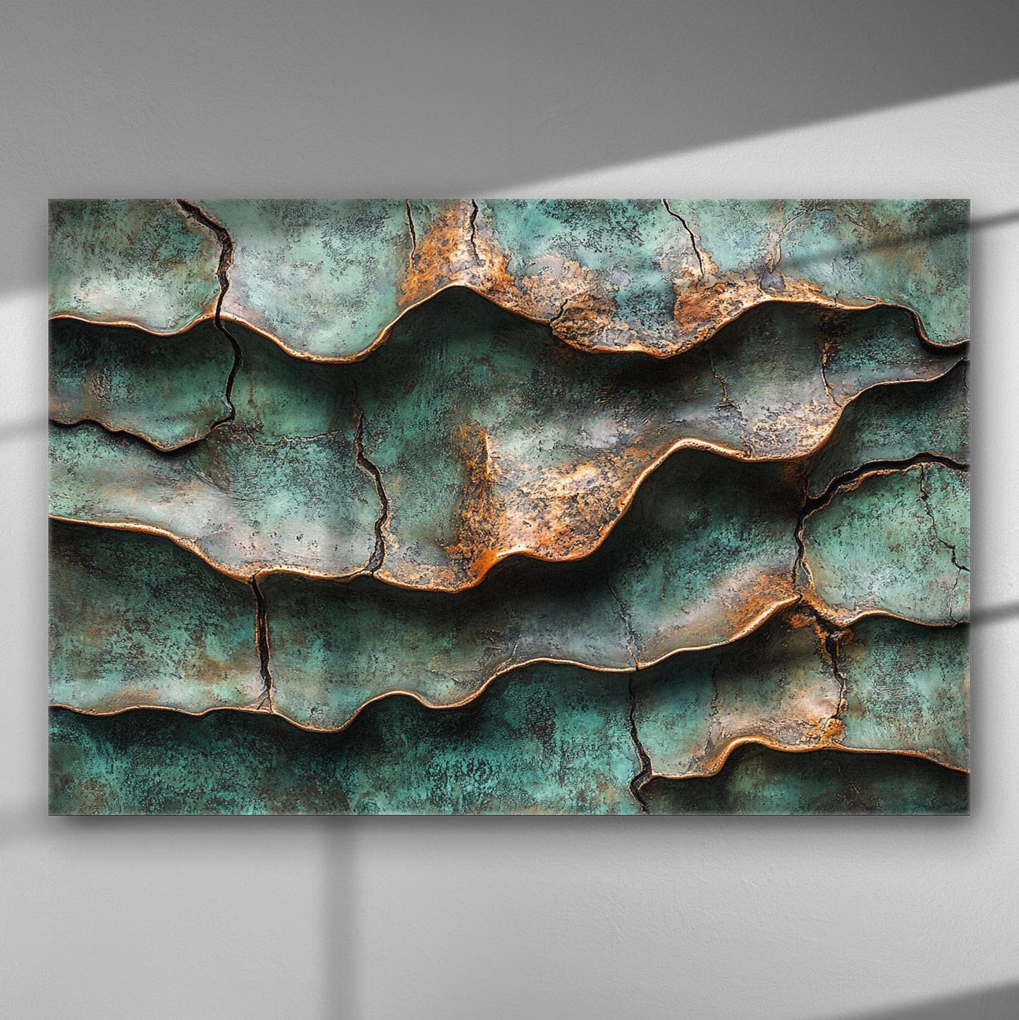 Abstract canvas with metallic crack texture in shades of blue and copper.