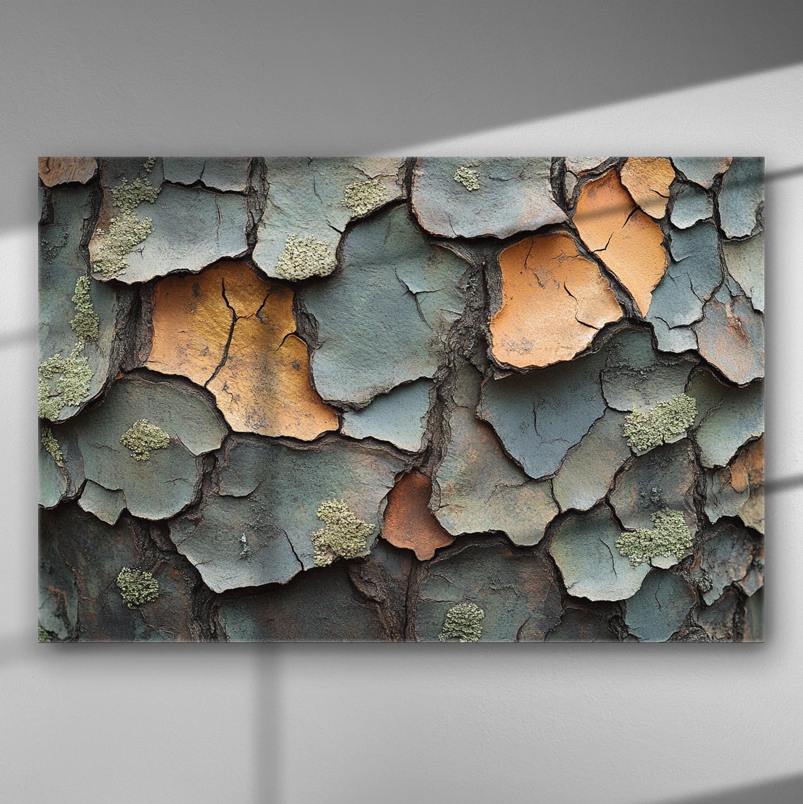 A canvas print featuring the textured and colorful details of tree bark with shades of blue and rust.