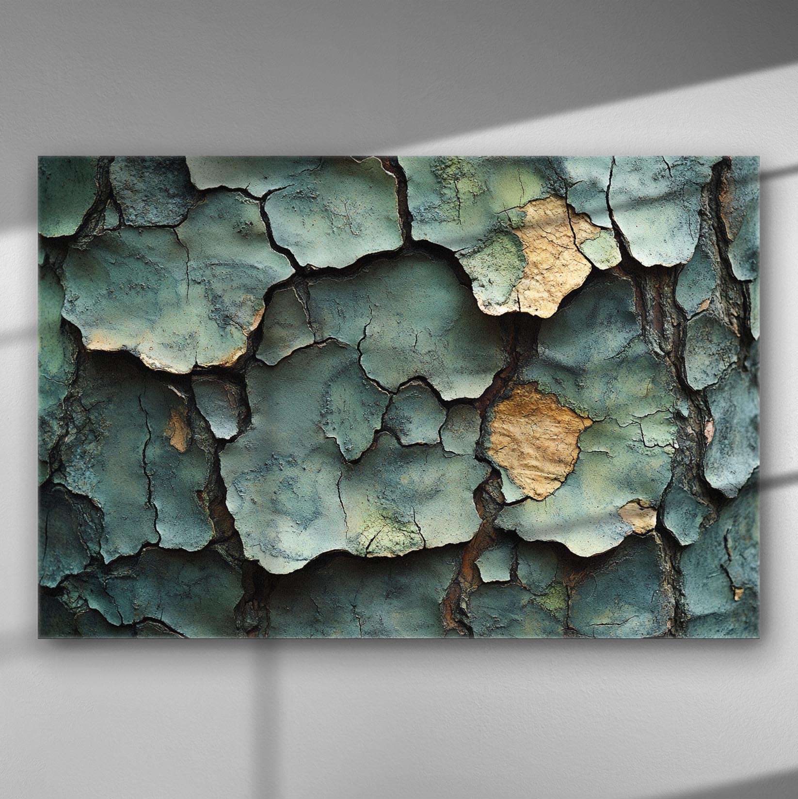 Close-up image of tree bark texture with green and earthy tones on a canvas print