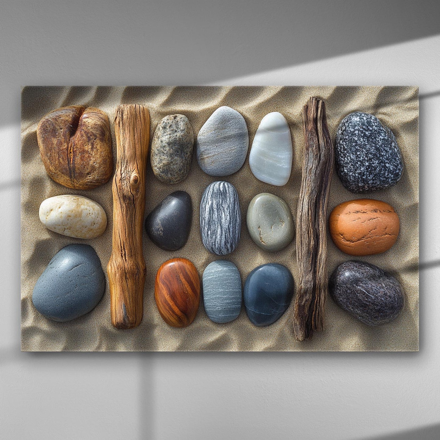 Colorful stones and wood pieces on a sandy surface, forming an artistic canvas setup.