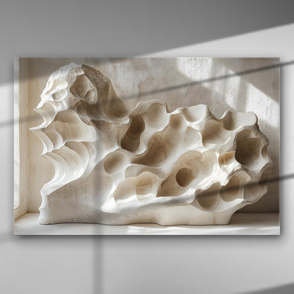 Abstract stone sculpture with carved textures captured in a canvas print.