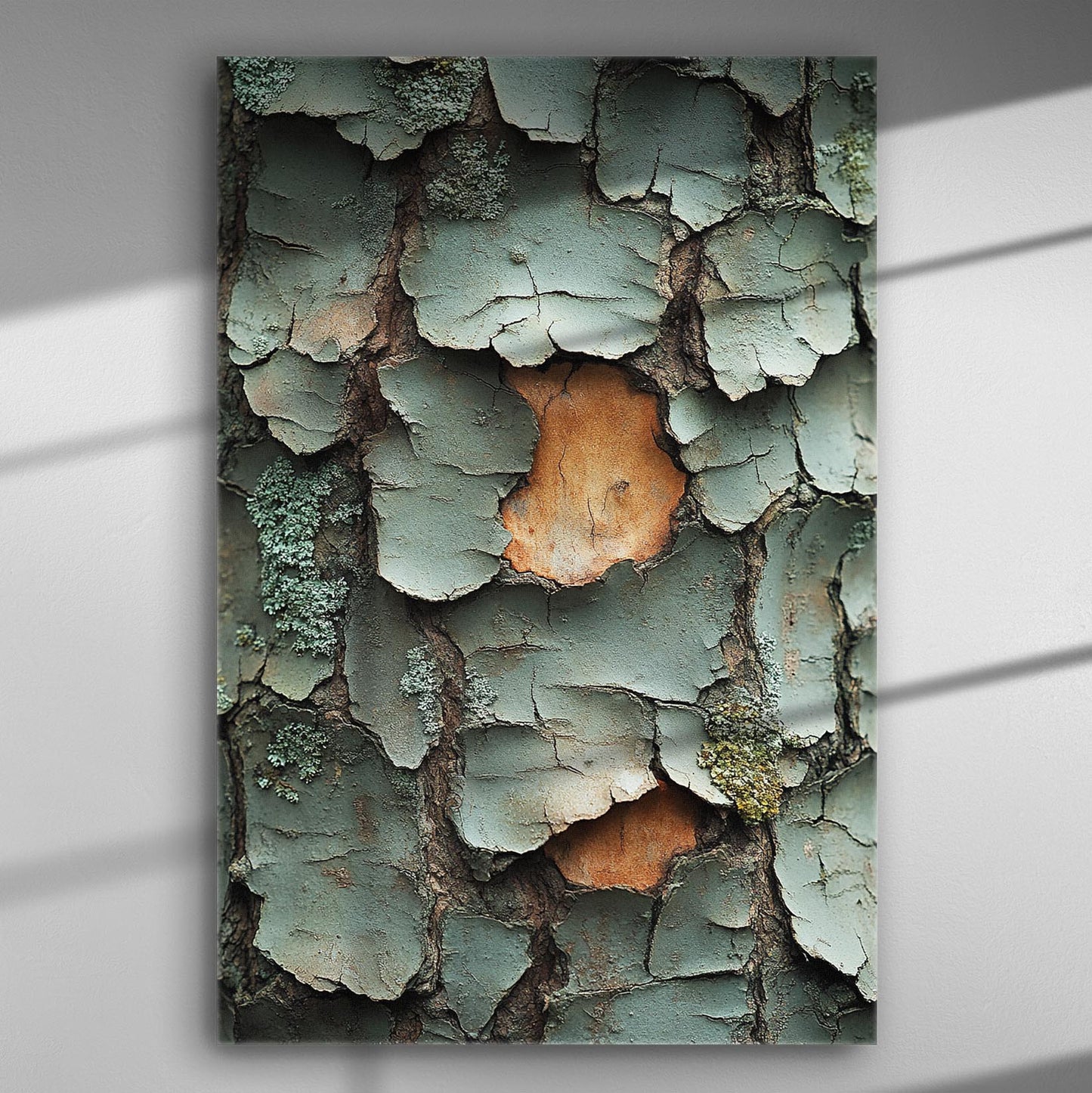 Detailed texture of tree bark in natural colors captured on canvas.
