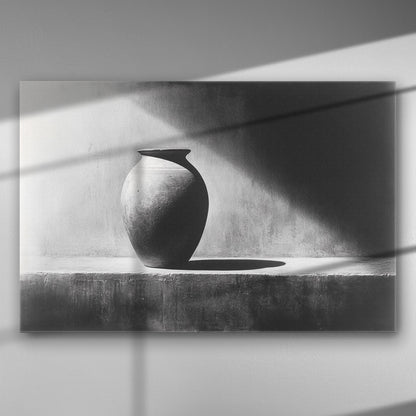 Black and white canvas print featuring a ceramic vase with light and shadow play on a minimalistic background.