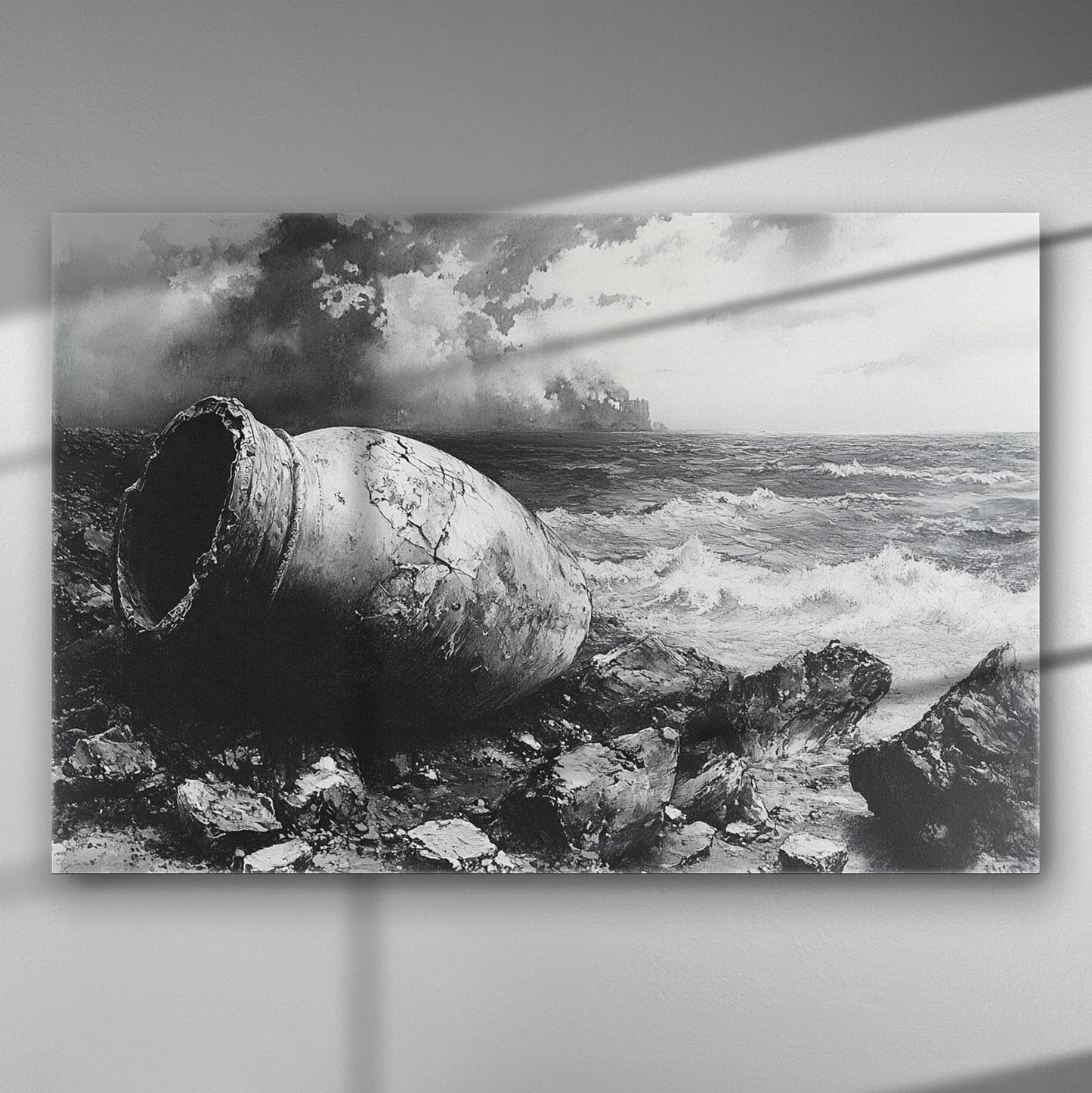 A monochrome canvas depicting an ancient amphora on rocky shores with a stormy sea in the background.