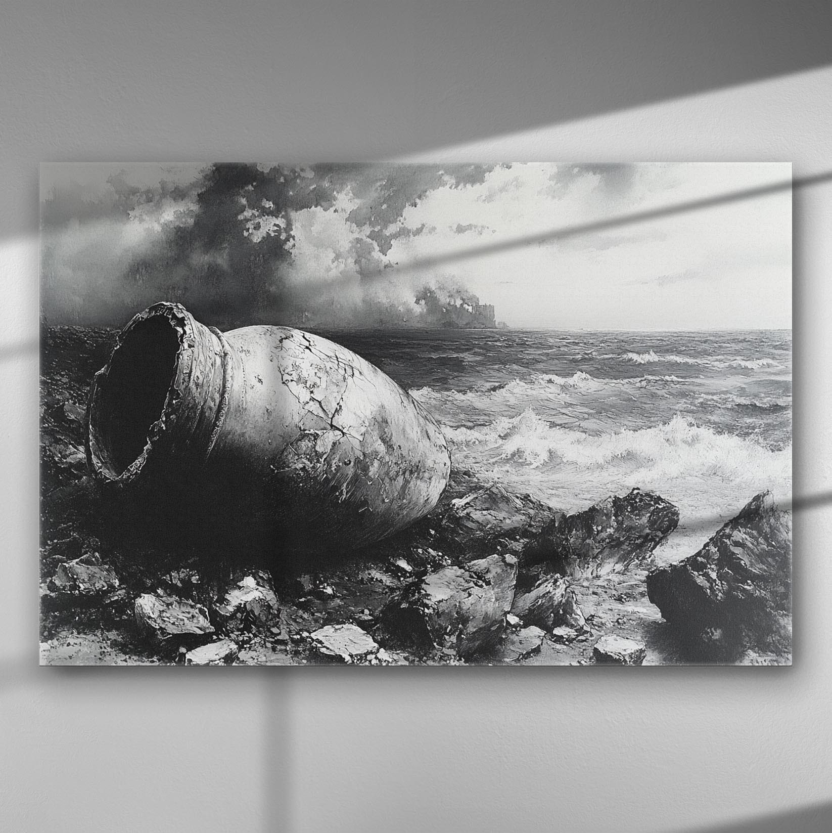 A monochrome canvas depicting an ancient amphora on rocky shores with a stormy sea in the background.