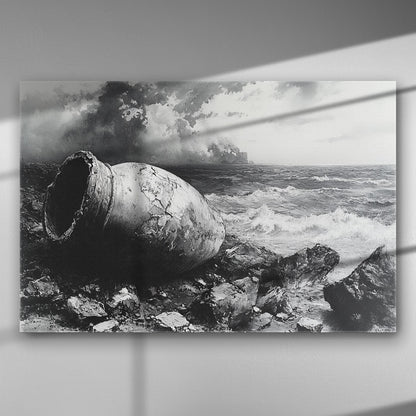 A monochrome canvas depicting an ancient amphora on rocky shores with a stormy sea in the background.