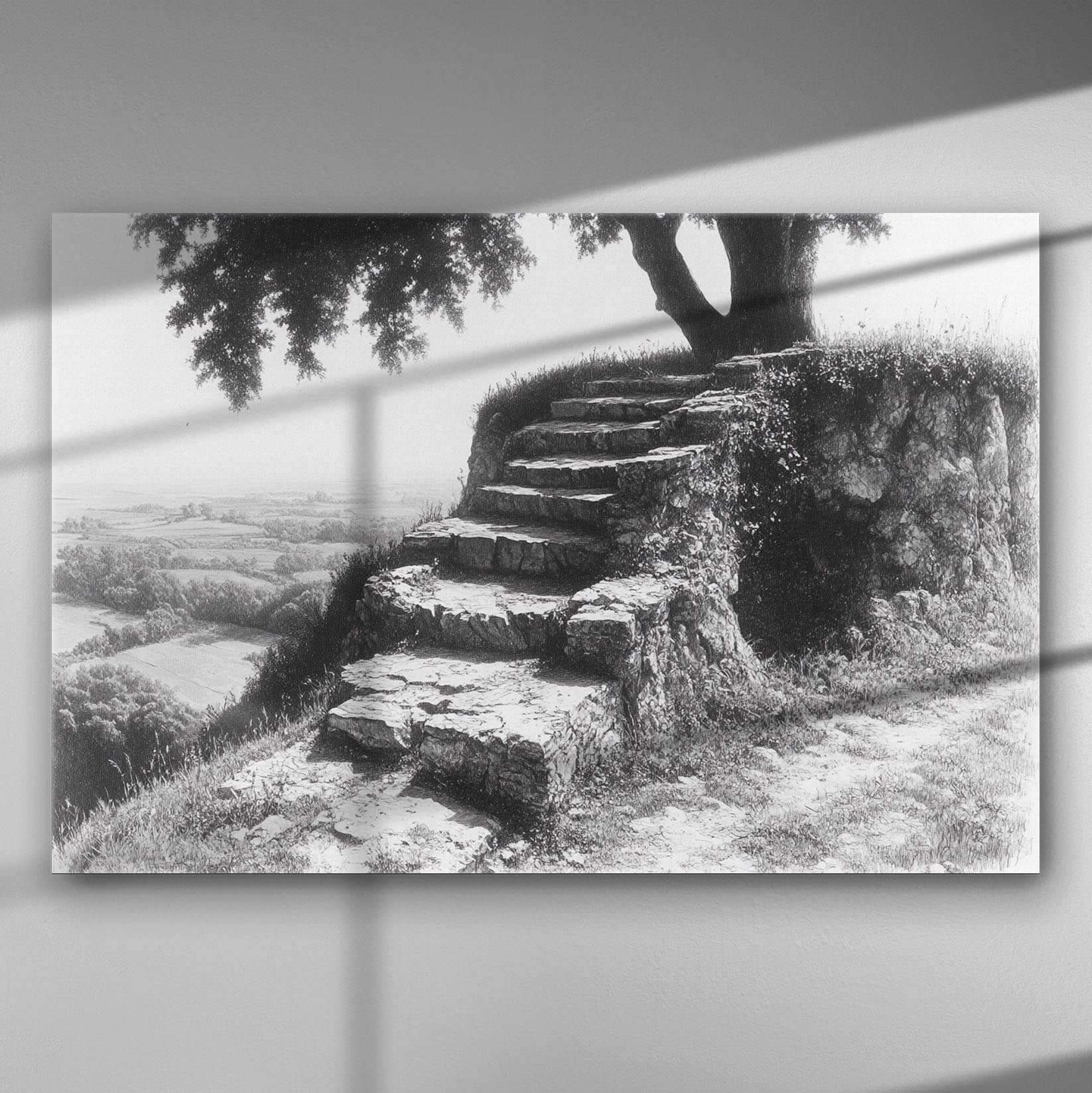 Black and white image of stone steps leading to a path under an oak tree overlooking a countryside landscape.