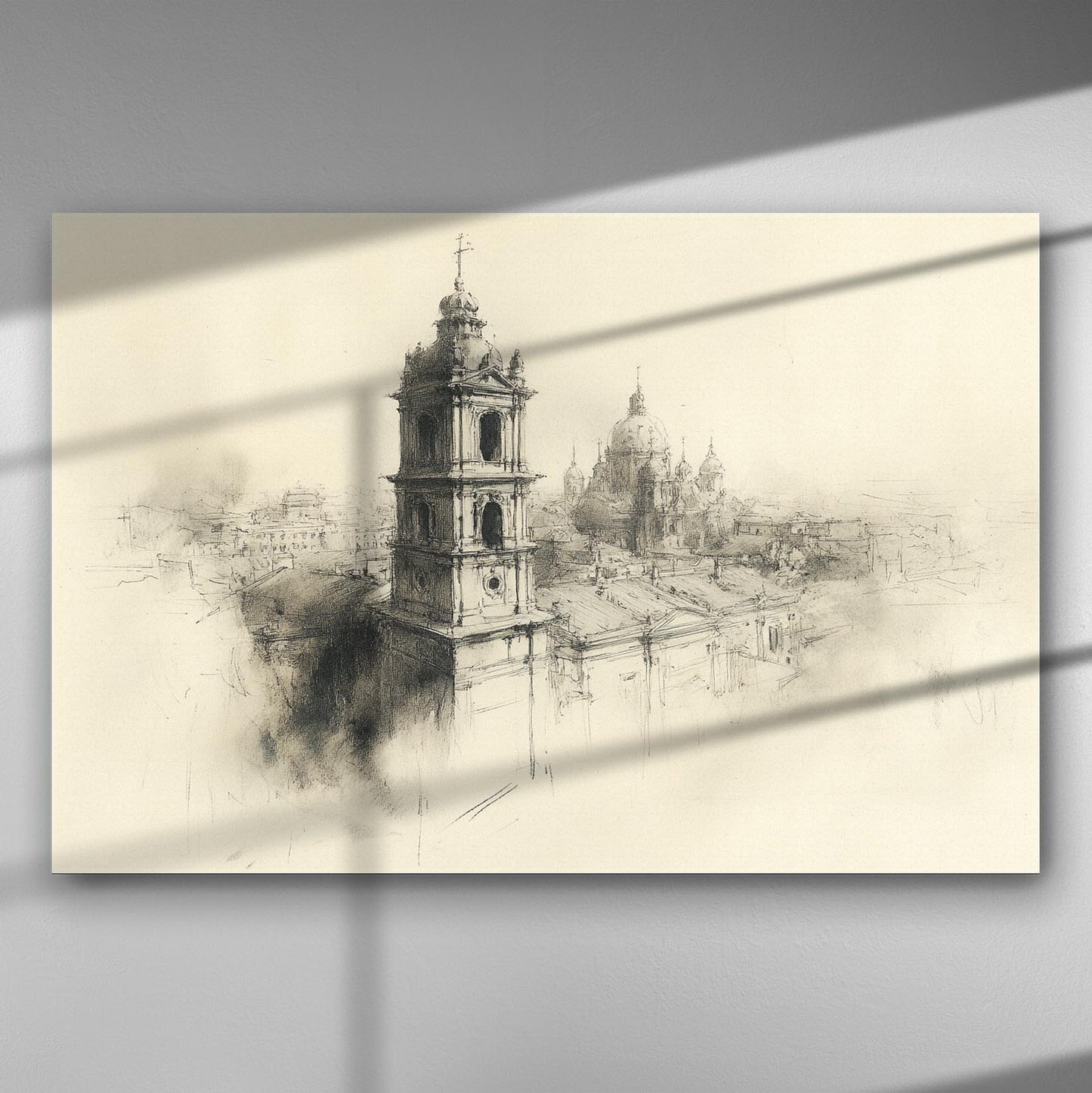 Architectural sketch of historical buildings with shading on a canvas.