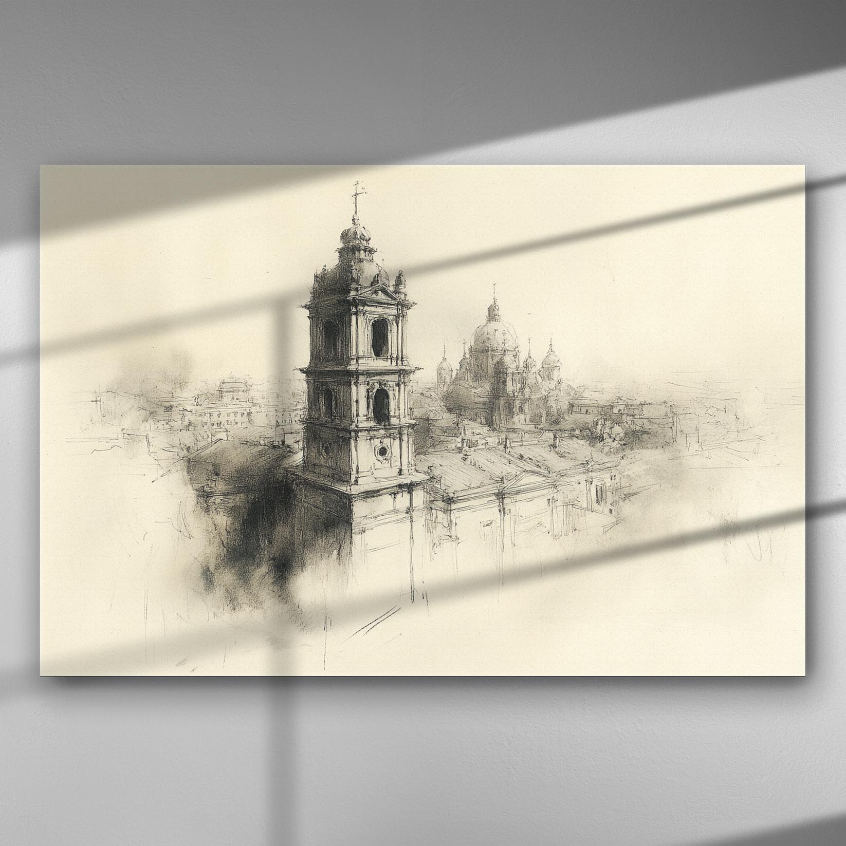 Architectural sketch of historical buildings with shading on a canvas.