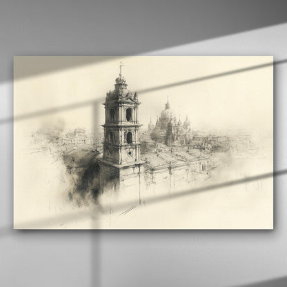 Architectural sketch of historical buildings with shading on a canvas.