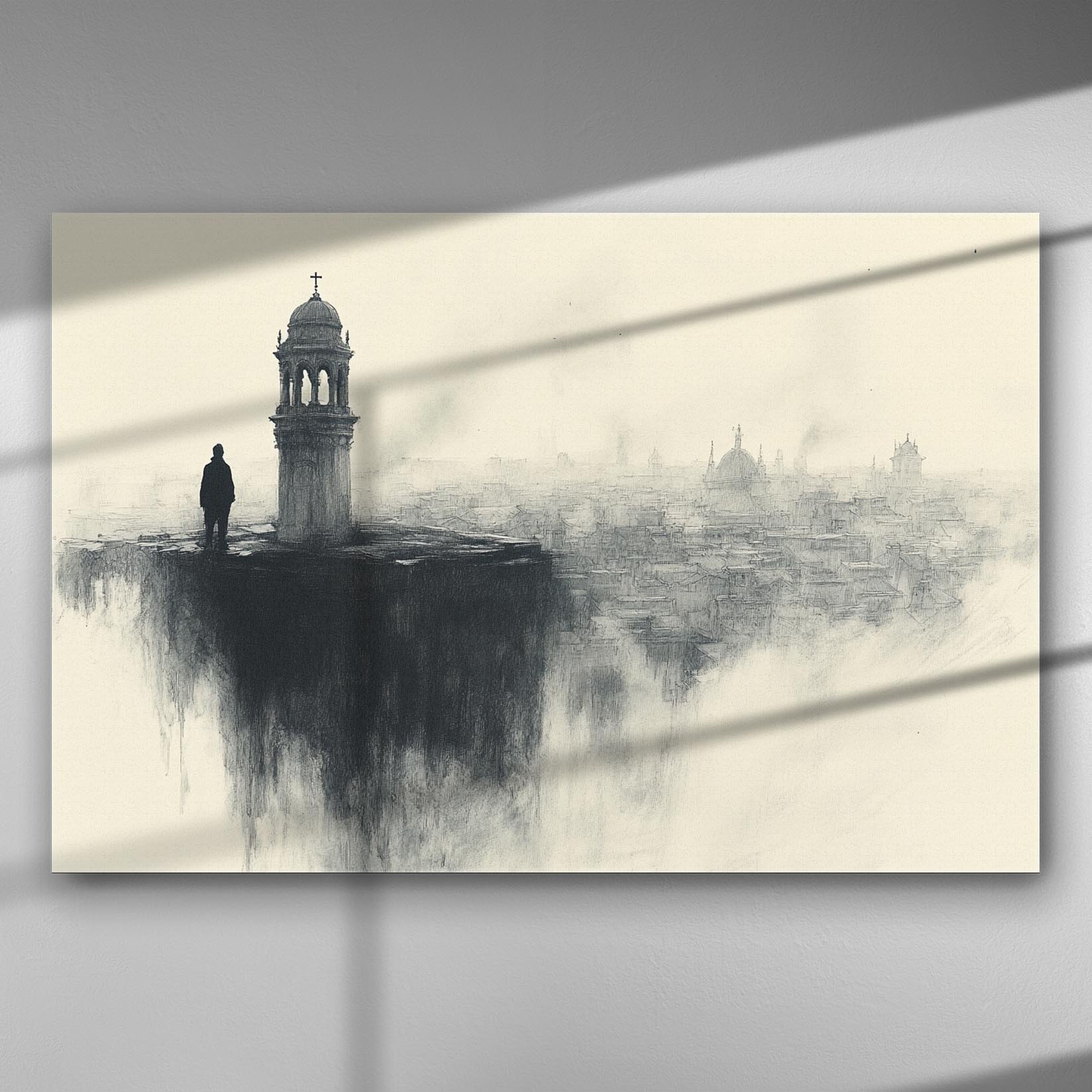 A dark and atmospheric painting of a lone figure standing on a cliff overlooking a foggy cityscape.
