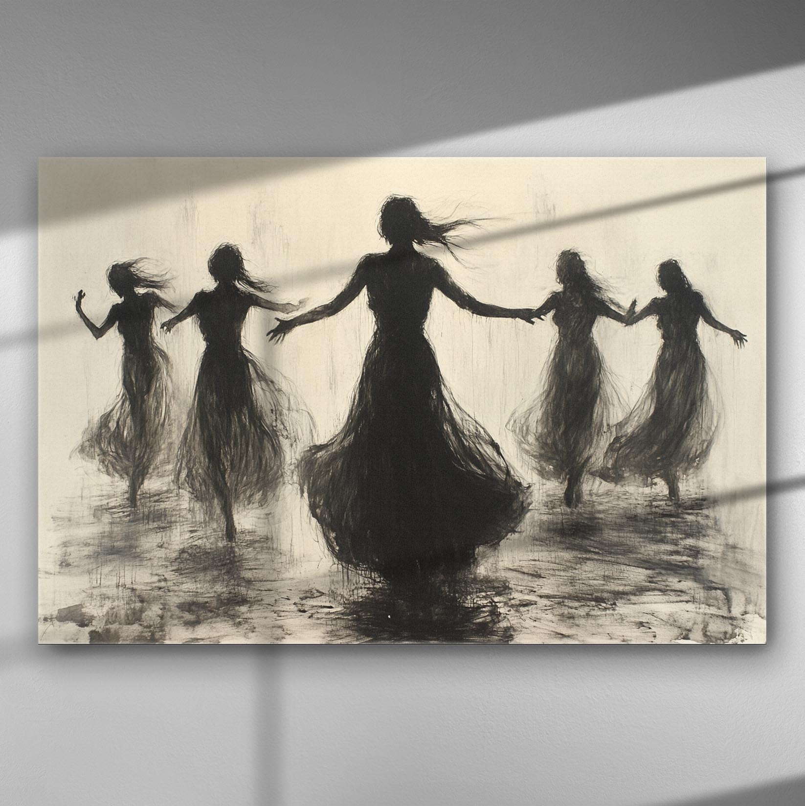 Silhouettes of dancing figures on canvas, creating a mystical and airy movement.