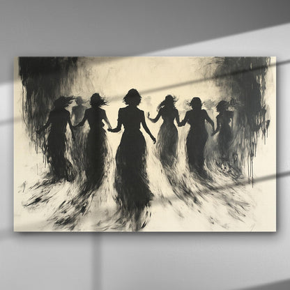Silhouettes of women dancing, creating a mysterious and etheral scene in black and white.