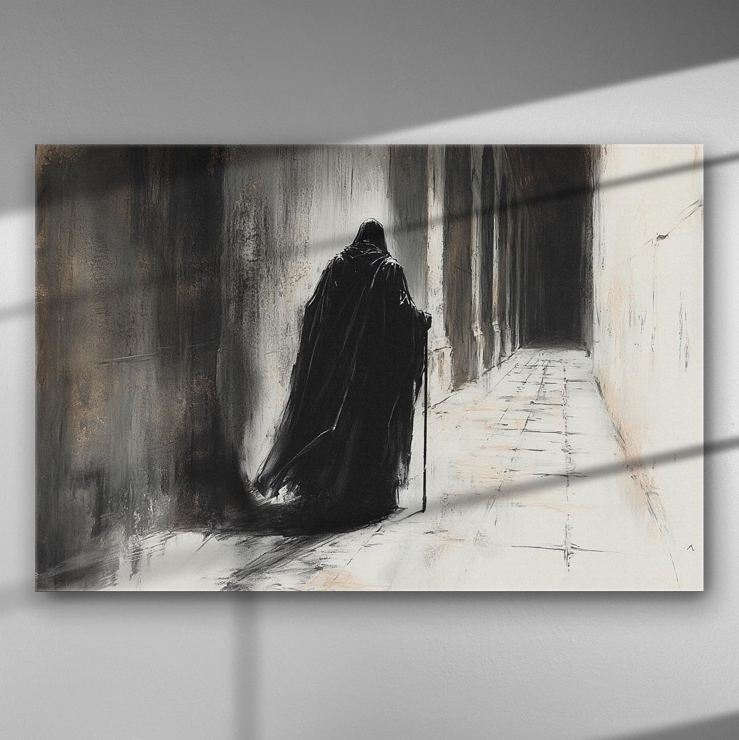 A mysterious figure in a black cloak walking down a shadowy corridor. Premium canvas art for dramatic interior decor.