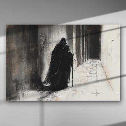 A mysterious figure in a black cloak walking down a shadowy corridor. Premium canvas art for dramatic interior decor.