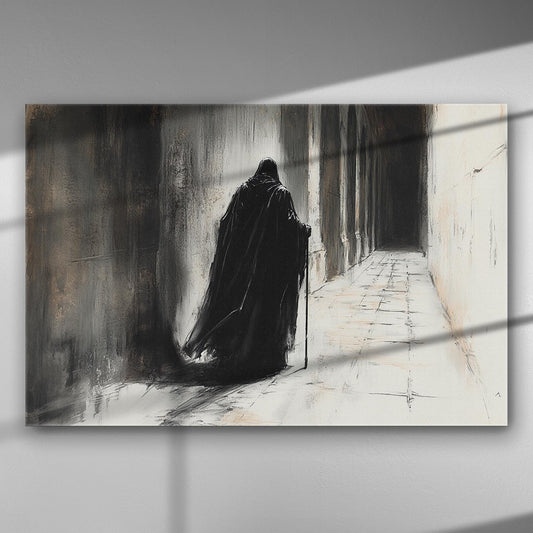 A mysterious figure in a black cloak walking down a shadowy corridor. Premium canvas art for dramatic interior decor.