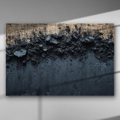 Abstract dusty landscape texture with black hues and intricate details on canvas.