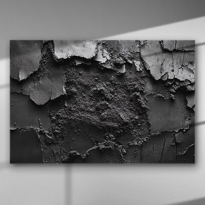 Abstract artwork showcasing cracked, peeling black paint texture on canvas with dramatic lighting.