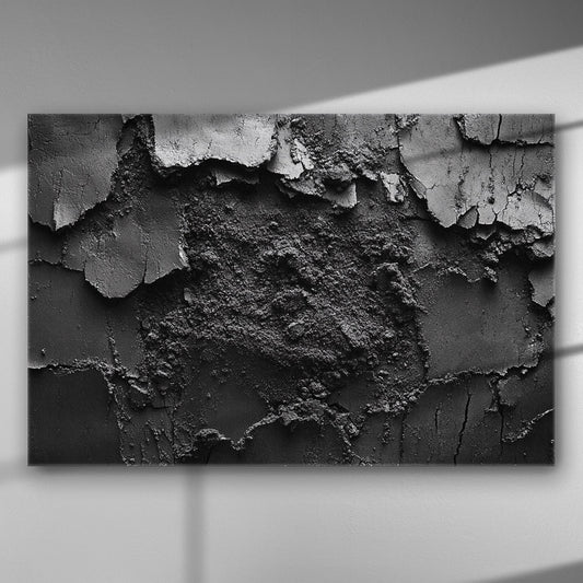 Abstract artwork showcasing cracked, peeling black paint texture on canvas with dramatic lighting.