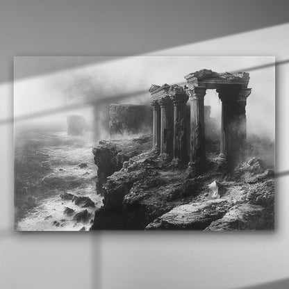 Ancient ruins on a coastal landscape with dramatic lighting.