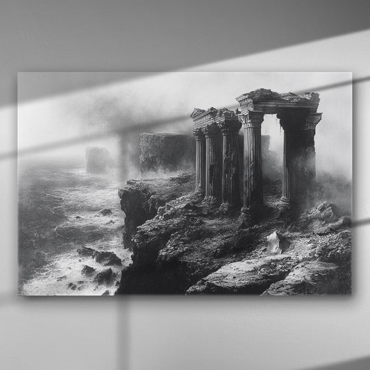 Ancient ruins on a coastal landscape with dramatic lighting.