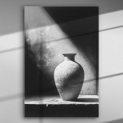 A traditional ceramic vase illuminated by a beam of light, casting shadows on a textured surface in a black and white setting.