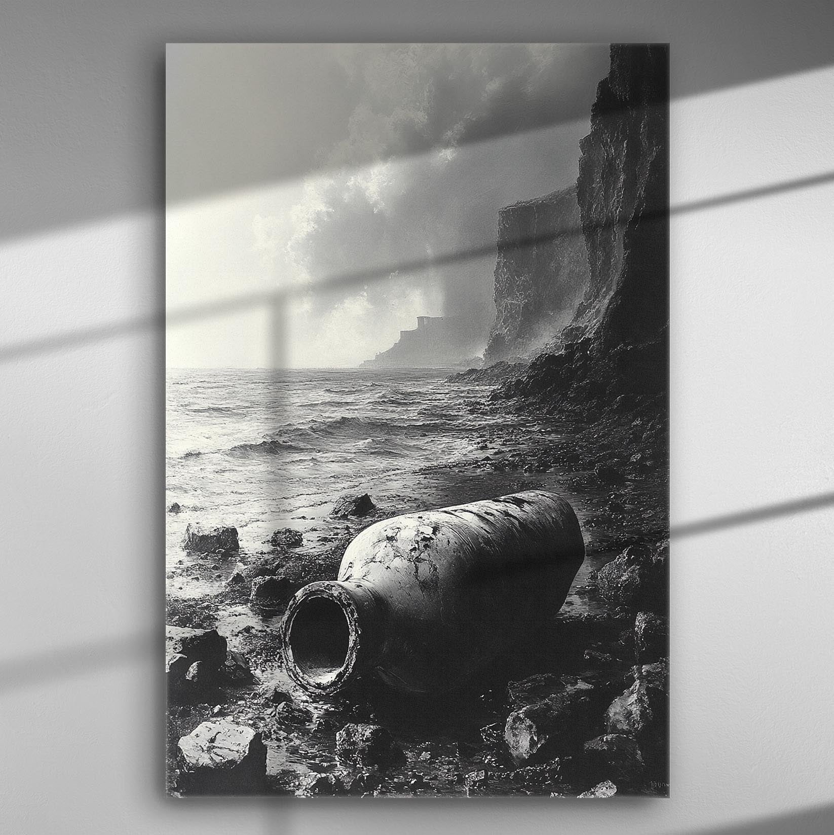 Black and white coastal scene with large amphora on rocky beach against dramatic sky.