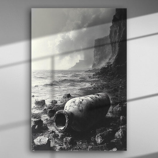 Black and white coastal scene with large amphora on rocky beach against dramatic sky.