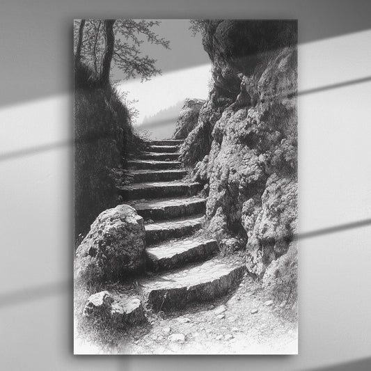 Black and white artwork of stone steps leading through a natural rocky path with trees overhead.