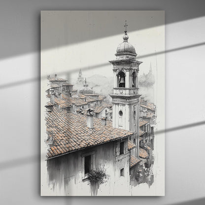 Canvas print depicting architectural beauty of an old city with rooftops and a bell tower.