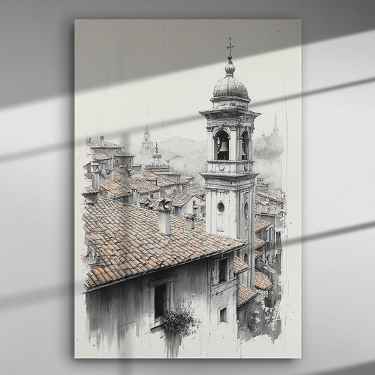 Canvas print depicting architectural beauty of an old city with rooftops and a bell tower.