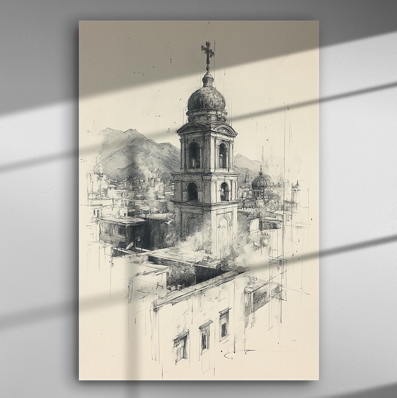 Architectural sketch of a central church viewed from above, with detailed shading and angles on canvas