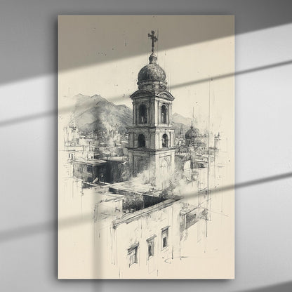 Architectural sketch of a central church viewed from above, with detailed shading and angles on canvas