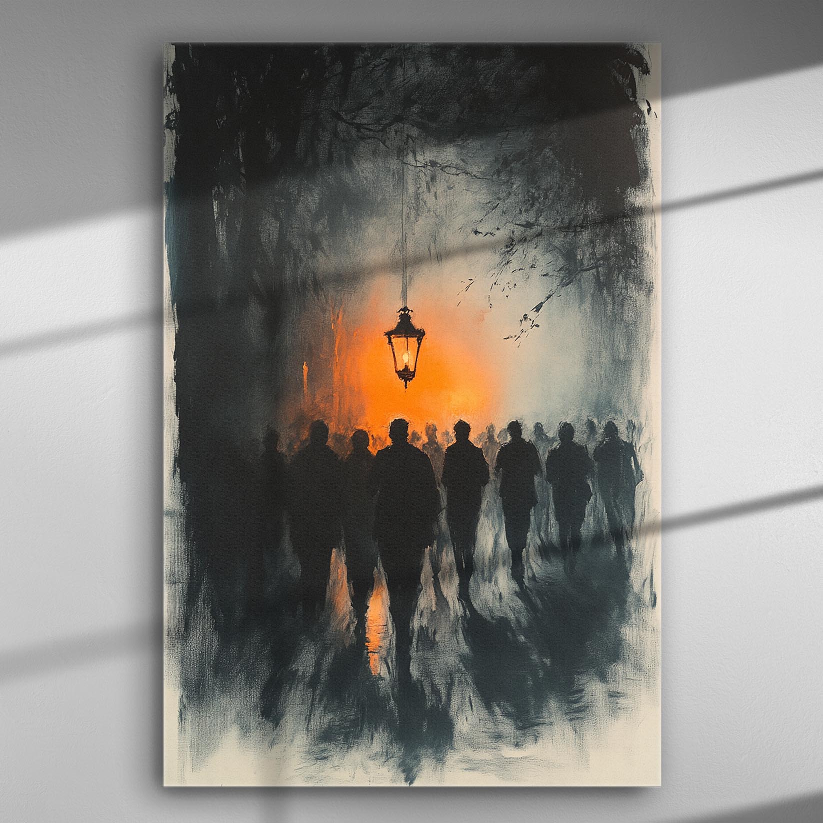 Artistic representation of silhouettes walking at night under a lamp with a misty orange glow.