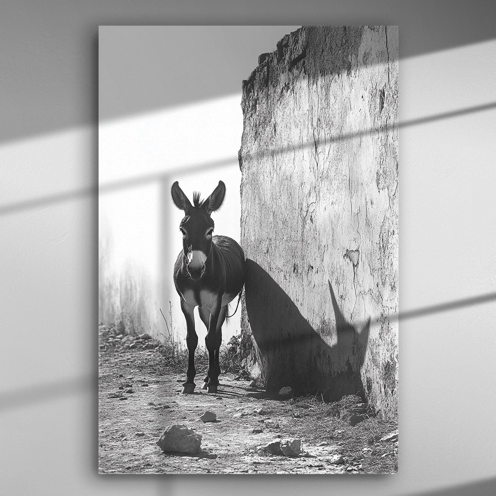 A black and white photograph of a donkey standing by an old wall with light and shadow play.