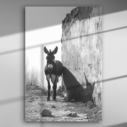 A black and white photograph of a donkey standing by an old wall with light and shadow play.