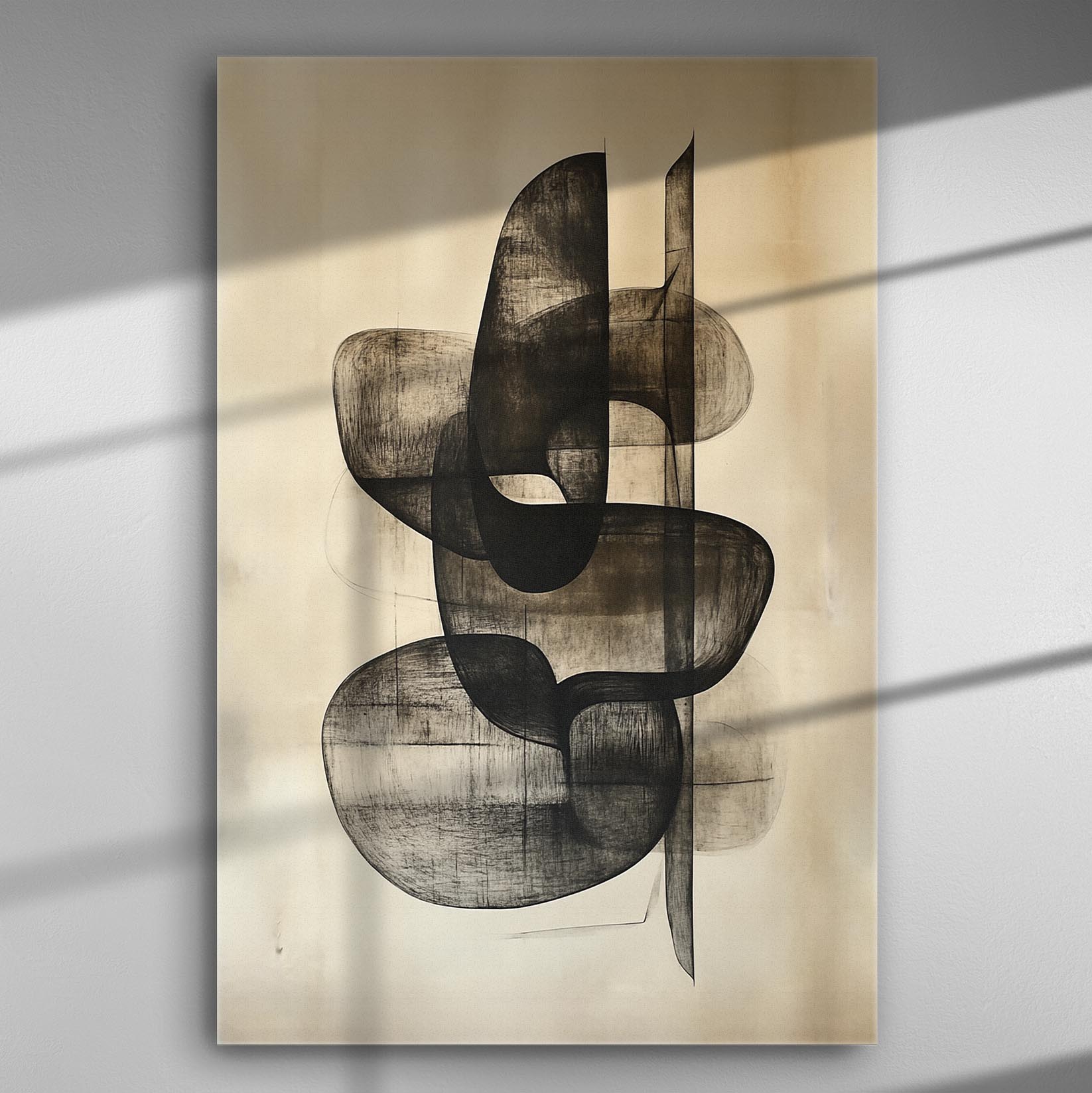 Abstract canvas art with black dynamic lines on earthy tones background.
