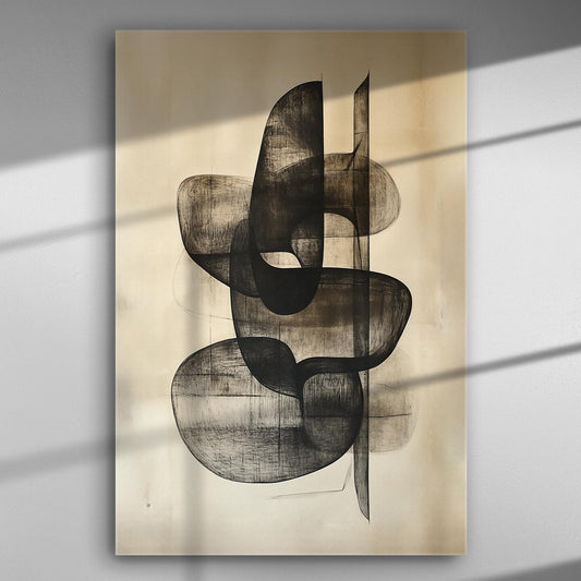 Abstract canvas art with black dynamic lines on earthy tones background.