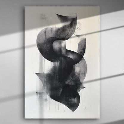 Abstract black shapes forming dynamic curves on a white canvas, creating a modern art piece.