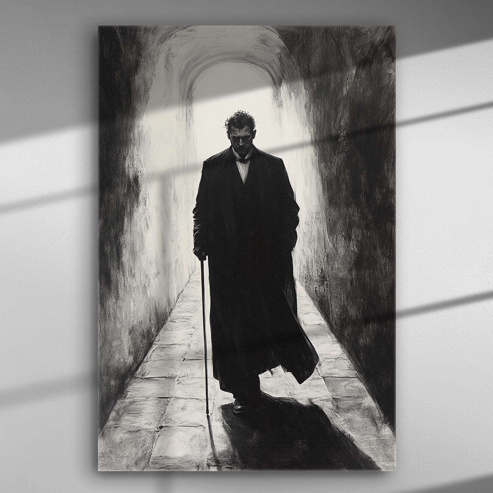 Black and white image of a man walking down a dark corridor with a cane.